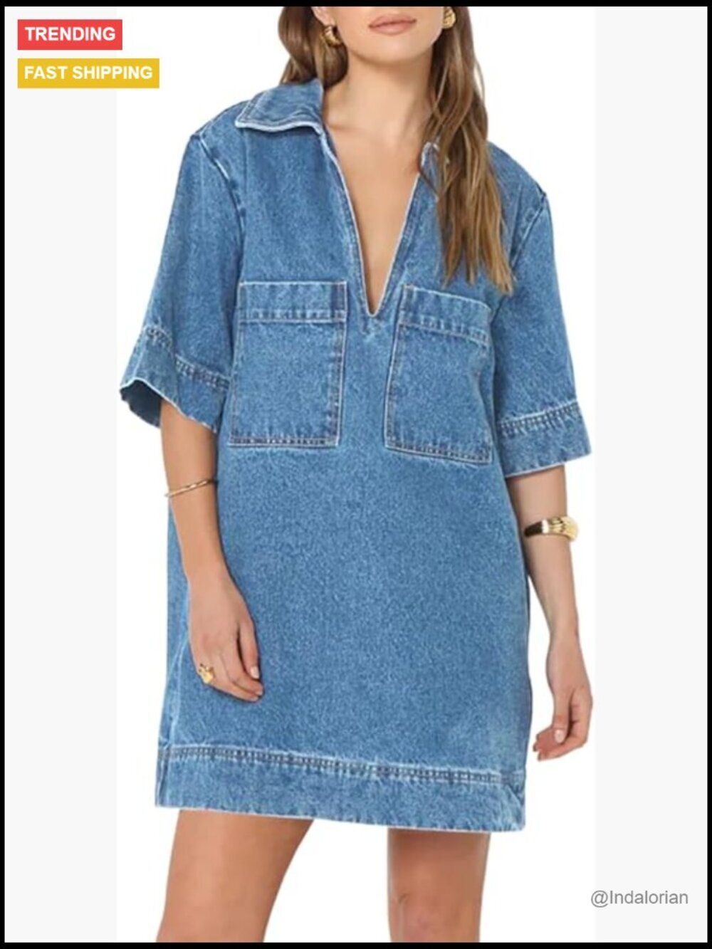 Denim Dress Deep V Neck Shift Mini Dress Short Sleeve Casual